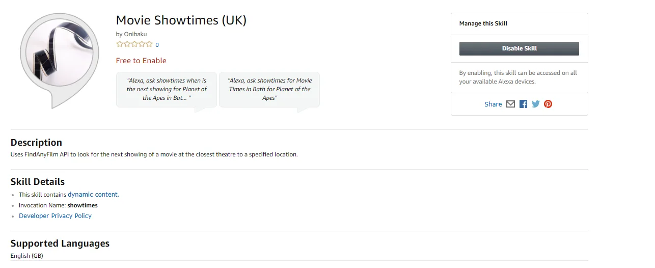Movie Showtimes skill in the Alexa store